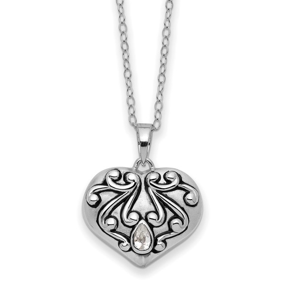 925 Sterling Silver Antiqued CZ Heart Remembrance Ash...